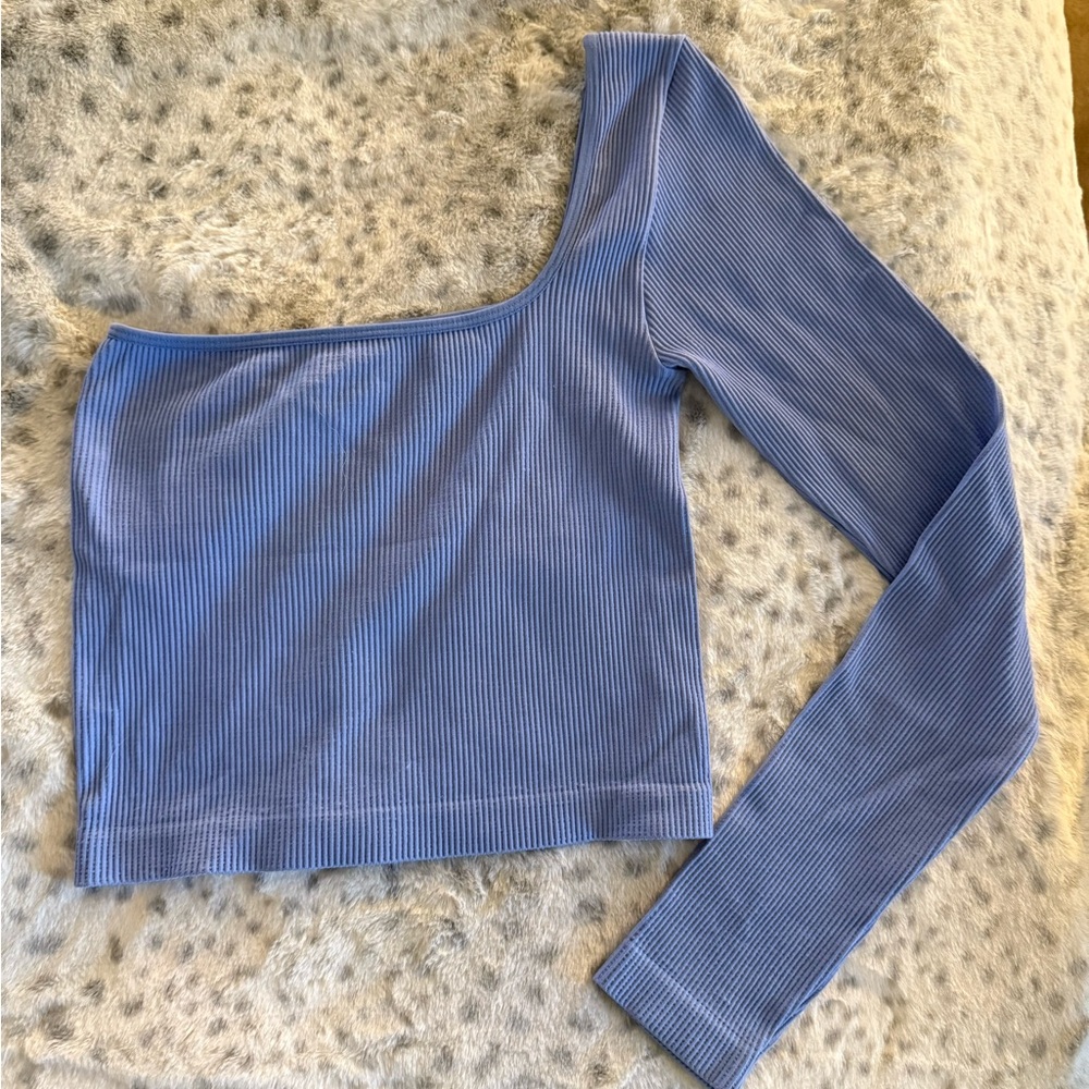 One-Shoulder Blue Ribbed Top - Picture 2 of 3